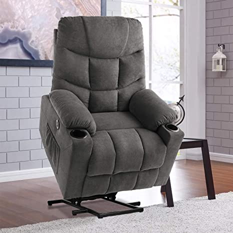 RELAXIXI Power Lift Recliner Chair, Electric Recliners for Elderly, Heated Vibration Massage Sofa with USB Ports, Remote Control, 3 Positions, 2 Side Pockets and Cup Holders (Fabric, Grey)