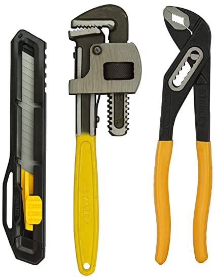 STANLEY 71-642 12''/300mm Stilson Type Pipe Wrench&STANLEY STHT10323-800 18mm Plastic Slide Lock Snap Off Knife (Black)&STANLEY 71-669 10'' Water Pump Plier Box JointCurve Steel