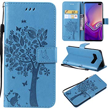 NOMO Galaxy S10 Case,Samsung S10 Wallet Case,Galaxy S10 Flip Case PU Leather Emboss Tree Cat Flowers Folio Magnetic Kickstand Cover with Card Slots for Samsung Galaxy S10 Blue