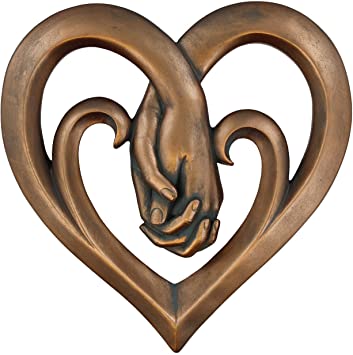 Heart Holding Hands Wall Decor Decorative Art Sculpture - Copper Bronze Verdigris Finish - Forever Love