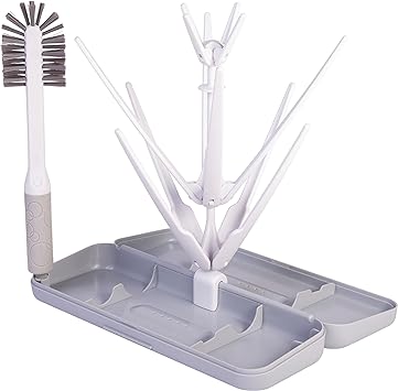 Ubbi On-The-Go Drying Rack and Brush Set, Includes Travel Case and Bottle Brush for Compact Storage, Holds Up to 8 Bottles, Baby Travel Accessories, Gray