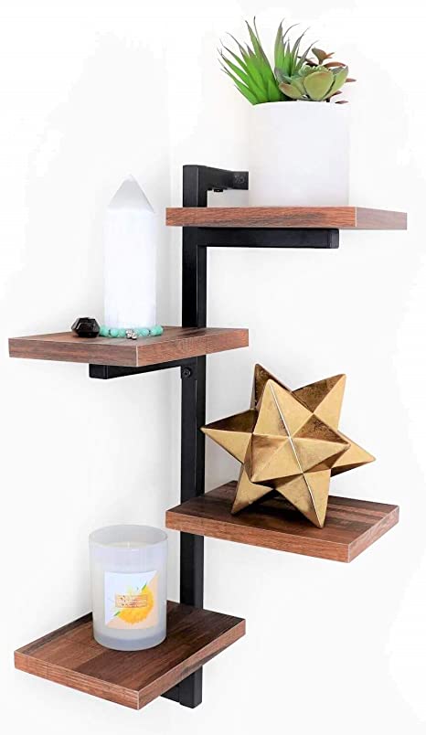 Under.Stated Wall Mounted Corner Shelf - Rustic MDF Display Shelf with Four Arms | Metal Bracket Floating Shelves (Brown)