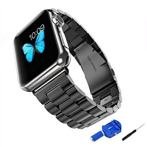 Apple Watch Band, Solid Stainless Steel Metal Unique Polishing Replacement with Durable Folding Clasp   Connector Adaptor   WatchBand Size Remover Adjuster (38mm Space Gray)