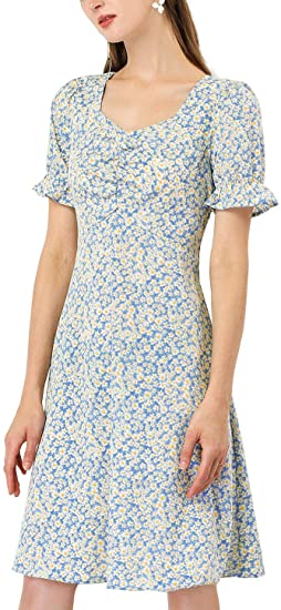 Allegra K Women's Prairie Puff Sleeve Sweetheart Neckline A-Line Daisy Floral Dress