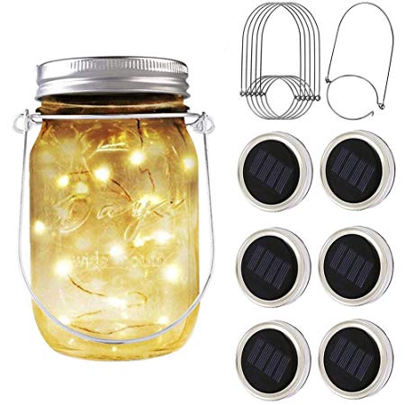 PAPRMA 6 Pack Solar Mason Jar Lid Lights, 20 LED Jar Lid Fairy String Lights with 6 Hangers, Decorations for Party Garden Patio Path Christmas, Warm White(Jar NOT Included)