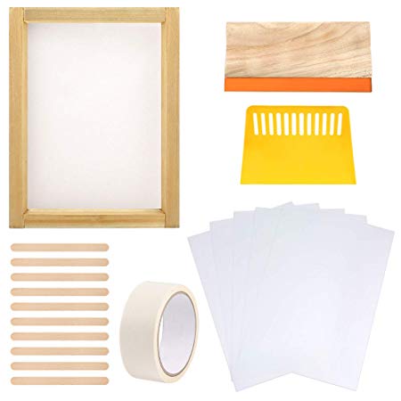 Caydo 19 Pieces Screen Printing Starter kit Include 10 x 14 Inch Wood Silk Screen Printing Frame with 110 White Mesh, Screen Printing Squeegees, Waterproof Inkjet Transparency Film and Mask Tape