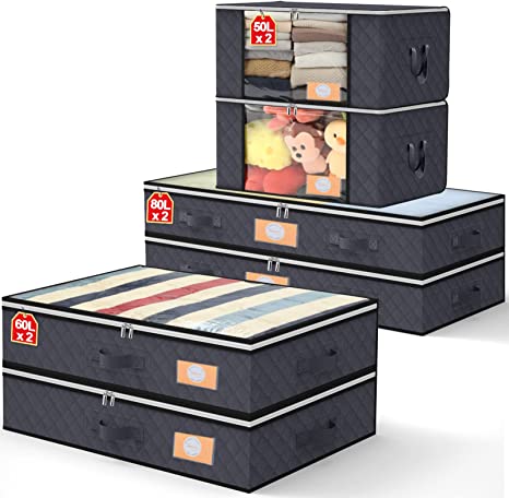 Large Underbed Storage Bags, 6Pack(80L*2 60L*2 50L*2) Under Bed Storage Containers with 4 Handles,Foldable Under the Bed Storage Bins for Comforters, Blankets, Bedding, Sturdy Zipper, Clear Window