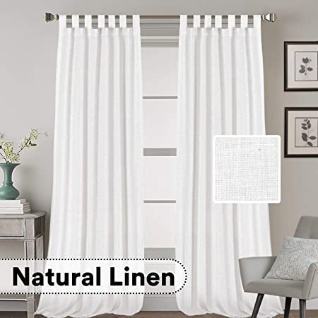 Linen Curtains Natural Linen Blended Curtains Tab Top Window Treatments Panels Drapes for Living Room / Bedroom, Elegant Energy Efficient Light Filtering Curtains (Set of 2, 52" x 96"，Pure White)