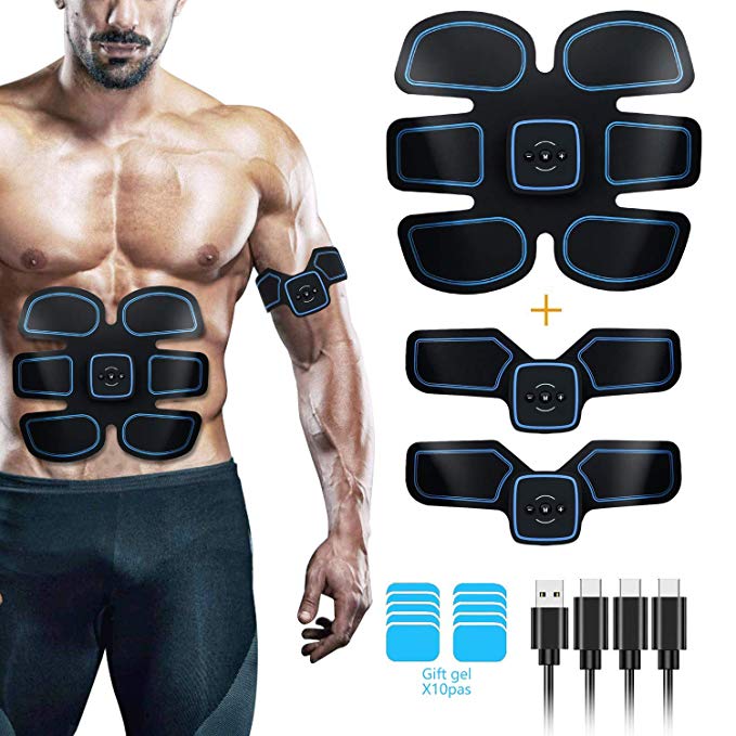 Muscle Stimulator, EMS Abs Trainer Abdominal Belt USB Rechargeable Muscles Toner for Abs Arms Legs with 10PCS Replacement Gel Pads&Support Belt&6 Modes 10 Levels for Men