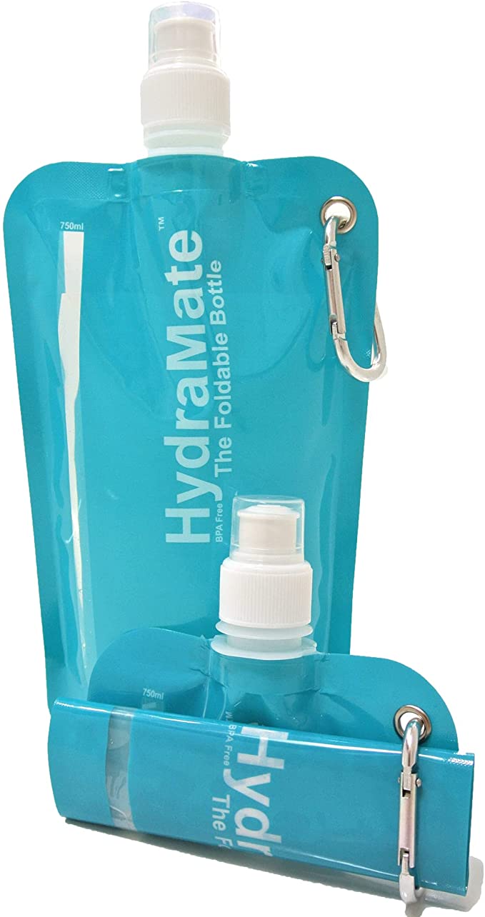 COLLAPSIBLE BOTTLE. BPA Free. Foldable Water Bottle 25oz/750ml. HydraMate Lightweight, Soft, Squeezable, Eco-Friendly Folding Bottle. Sports Cap, Hygienic Lid. Refillable. Carabiner Clip. FREE keyring