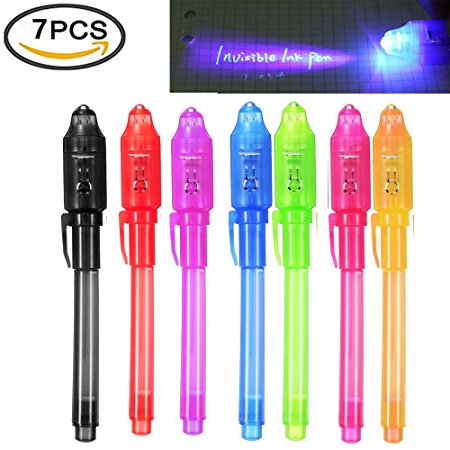 iPang UV Light Pen Set of 7, Invisible Ink Pen Maker, Kids Spy Message Pen with Built-in UV Light for Kids Party Favors Ideas Gifts and Security Marking