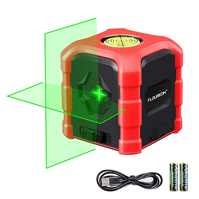 FLOUREON Laser Level Cross Line 30M Self Leveling Laser Line with Green Laser Beam, Horizontal and Vertical Points,Bubble Level Type-C Charging Waterproof AA Batteries Included