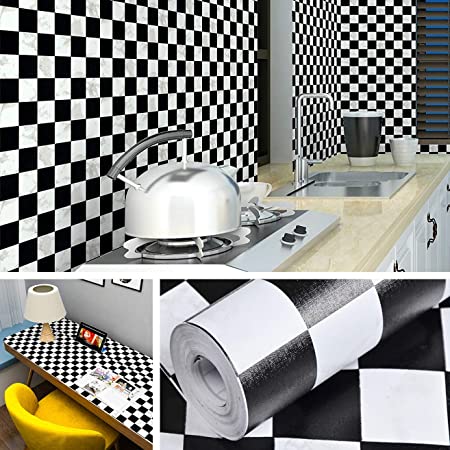 Livelynine Checkered Wallpaper Peel and Stick Bathroom Backsplash Wall Decor Adhesive Shelf Liners Black and White Checkered Paper Checkerboard Wallpaper 17.7x78.8 Inch