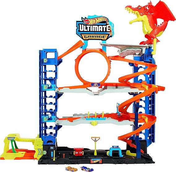 Hot Wheels City Ultimate Garage Playset with 2 Die-Cast Cars, Toy Storage for 50  1:64 Scale Cars, 4 Levels of Track Play, Defeat The Dragon