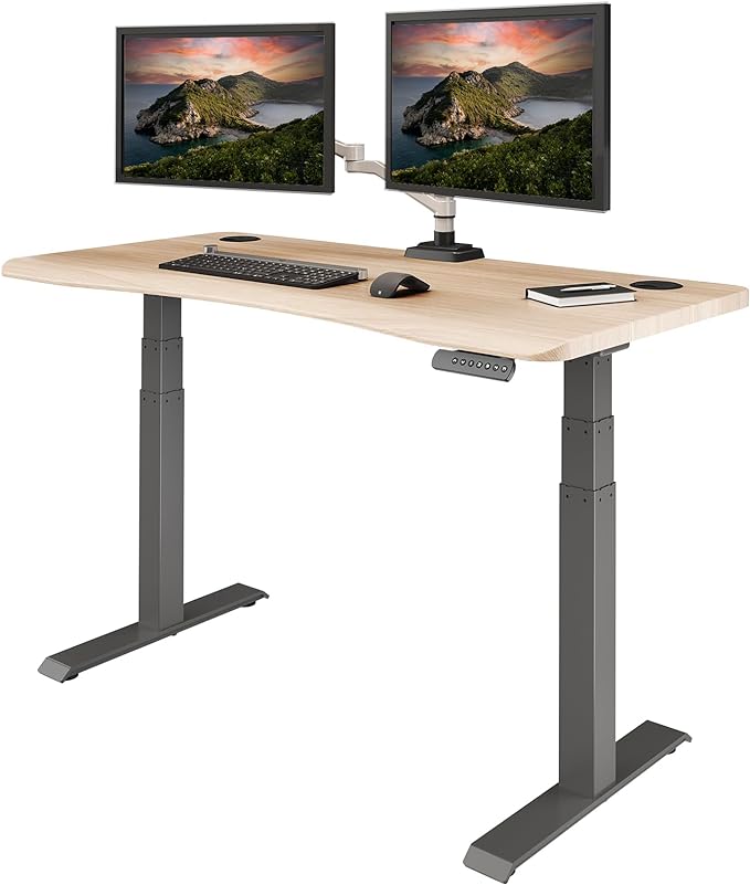 Vari Ergo 54x26 Light Wood Adjustable Standing Desk- Varidesk Computer Desk Sit Stand Home Office- Curved Rounded Waterfall Edge- Cable Management- 2 Boxes