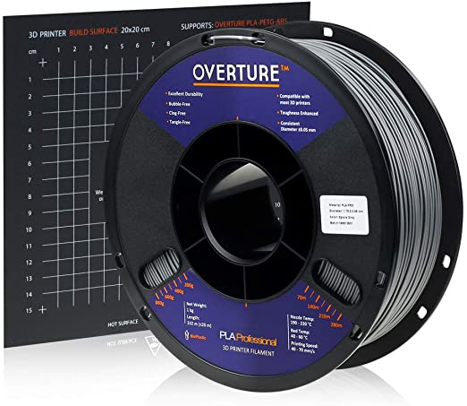 OVERTURE PLA Plus Filament (PLA ) 1.75mm PLA Professional Toughness Enhanced PLA Roll with 3D Build Surface 200 × 200mm, Premium PLA 1kg Spool (2.2lbs), Dimensional Accuracy  /- 0.05 mm (Space Gray)