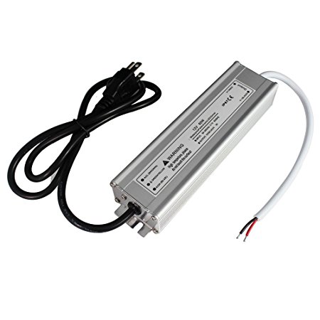 LightingWill Waterproof IP67 LED Power Supply Driver Transformer 60W 110V AC to 12V DC Low Voltage Output with 3-Prong Plug 3.3 Feet Cable for Outdoor Use