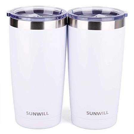 SUNWILL 20oz Tumbler with Lid (Powder Coated White 2 pack), Stainless Steel Vacuum Insulated Double Wall Travel Tumbler, Durable Insulated Coffee Mug, Thermal Cup with Splash Proof Sliding Lid