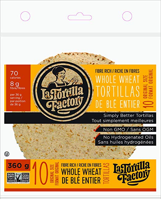 La Tortilla Factory High Fibre Whole Wheat Tortillas, 10-Pack of Non-GMO Tortillas, 360gm