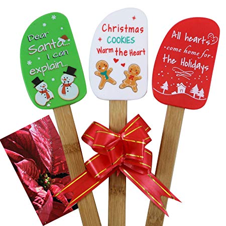 3 Piece Christmas Silicone Spatula Gift Set with lovely bow and gift card. Easy clean, durable, high temperature and stain resistant. Bamboo handles. Great for Christmas decorating, gifts and baking.