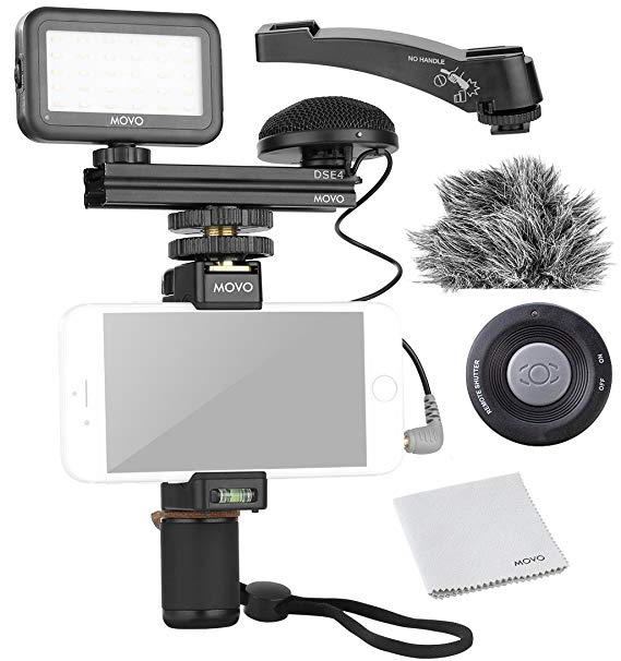 Movo Smartphone Video Kit V3 with Grip Rig, Omnidirectional Microphone, LED Light & Wireless Remote - for iPhone 5, 5C, 5S, 6, 6S, 7, 8, X (Regular and Plus), Samsung Galaxy, Note & More