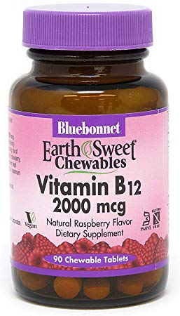 Bluebonnet Earth Sweet Vitamin B-12 2000 mcg Chewable Tablets, Raspberry, 90 Count