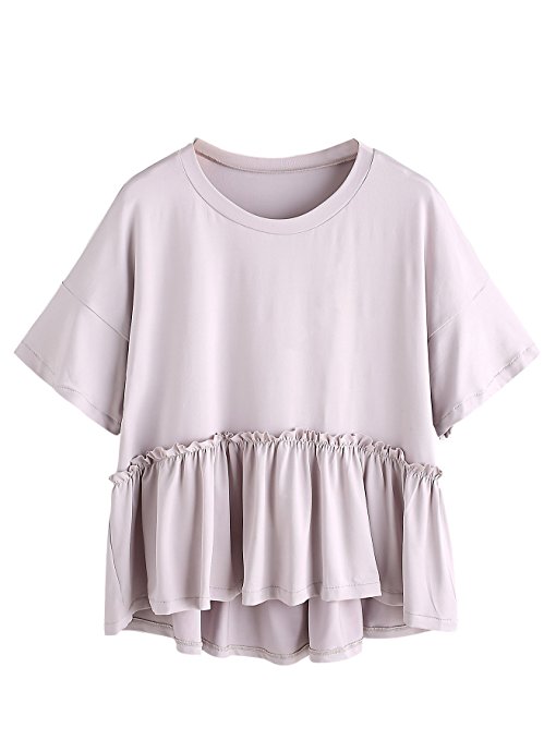 Romwe Women's Loose Ruffle Hem Short Sleeve High Low Peplum Blouse Top