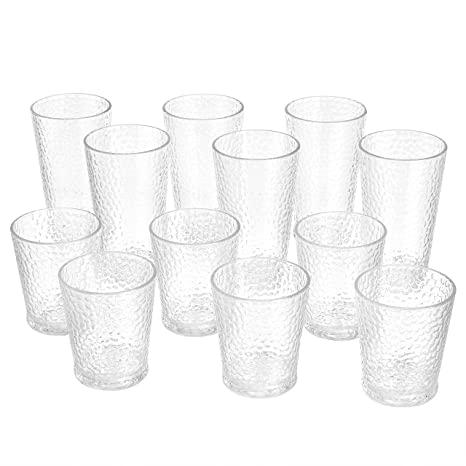 AmazonBasics 12-Piece Tritan Glass Drinkware Set - Hammered Highball and Double Old Fashioned, 6-Pieces Each, 21oz./14oz.