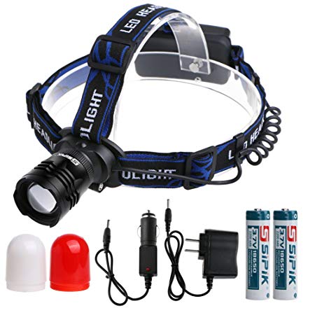 Sipik Waterproof LED Headlamp with Zoomable 3 modes &Super Bright LED Headlamp with Rechargeable batteries for biking camping hunting running rainy weather (black)
