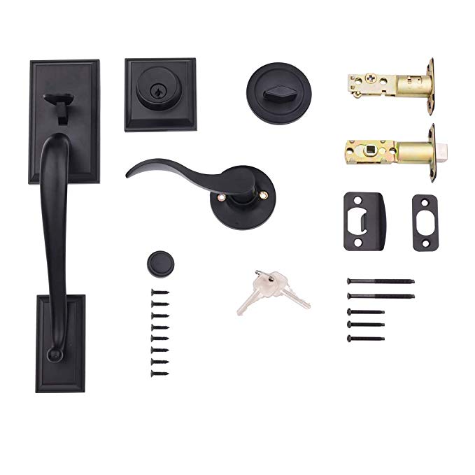 AmazonBasics Modern Door Handle and Deadbolt Lock Set, Right-Hand Wave Door Lever, Matte Black