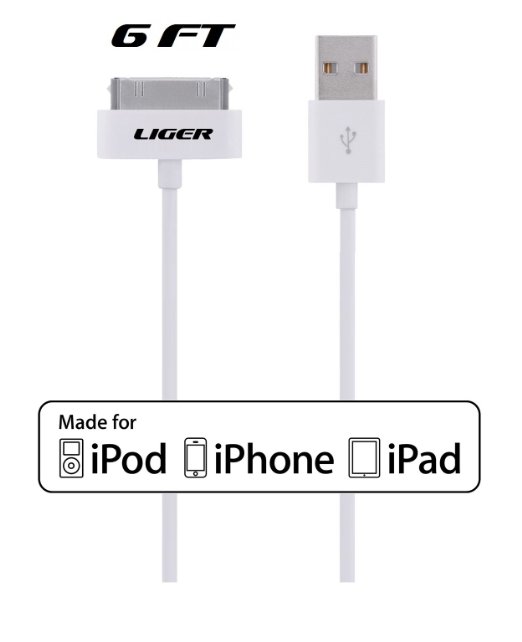 Apple MFI Certified, Liger® Apple Certified EXTRA LONG 30 pin USB Sync & Charge Cable (6.4FT) Made for iPhone 4 iPhone 4S iPad 2 iPad 3 iPod touch iPod nano iPhone 3 iPhone 3GS (White)