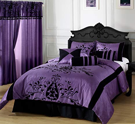 ExceptionalSheets Cozy Beddings 7-Piece Violeta with Black Floral Flocking 104 by 92-Inch Bed in a Bag, King