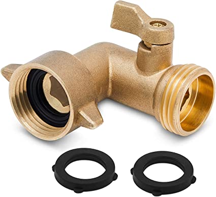 Morvat 90 Degree Garden Hose Elbow, RV Accessories for Outside Water Faucet, On/Off Valve, Solid Brass Fittings, Includes 2 Extra Rubber Washers