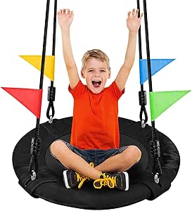 Odoland 24 inch Kids Tree Swing, Outdoor Small Saucer Swing - 900D Oxford Platform Swing - Backyard Round Flying Swing with Hanging Ropes, Straps and Turnbuckle