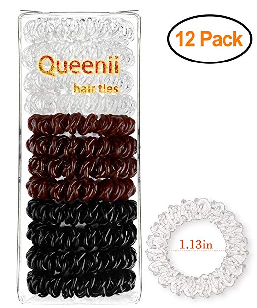 12 Pcs Spiral Hair Ties No Crease Elastic Ponytail Holders Phone Cord Traceless Hair Ties for Women Thick Hair by Queenii (Black/Clear/Brown, 4pcs/color)