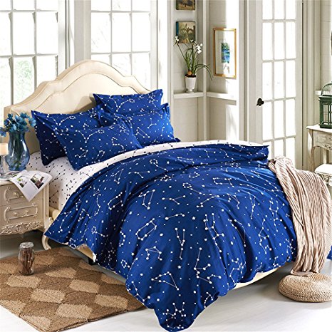 EsyDream Home Bedding,Blue Color constellation 4PC Duvet Cover Sets,Space Style Kids Bedding Sets,Cotton & microfiber (No Comforter),Queen/Full Size (4pc Set)