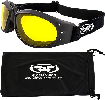 Global Vision Eliminator DX Padded Motorcycle Riding Goggles Shatterproof Polycarbonate Lens UV400 Scratch-Resistant Double-Sided Anti fog Black Frames Yellow Tint Lenses