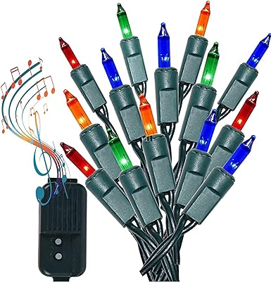 Indoor/Outdoor Multi-Color Musical Christmas Lights - Plays 25 Classical Holiday Songs - 8 Function Chaser - Green Wire - 26 Ft Wire Length, 2" Space Between Bulbs (Colorful, 140 Bulbs)