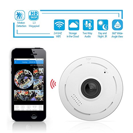 360 Degree Fisheye Panoramic IP Camera 1.3 Megapixel 960P Wireless Wifi 2.4GHZ Security Camera Super Wide Angle Support IR Night Motion Detection Keep Your Pet & Home Safe