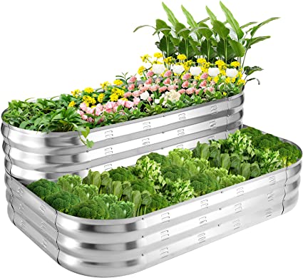 POTEY 2 Tiered Raised Garden Beds Kit - Made of Galvanized Metal - Excellent as Ground Planter Boxes for Outdoor Gardening - Including Fruit, Vegetables, Herbs, Flowers, etc