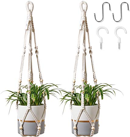 POTEY Macrame Plant Hangers-2 PCS and 4PCS Hooks, Outdoor Indoor Hanging Planter Holder/Hanging Basket Flower Hangers Cotton Rope with Bead for Home Decor (Plant & Pot NOT Included)