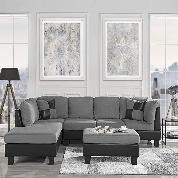3-Piece Modern Reversible Microfiber / Faux Leather Sectional Sofa Set w/ Ottoman (Grey)