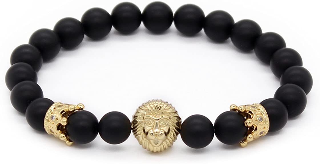 POSHFEEL 8mm Black Onyx Stone Beads Gold Lion Head Imperial Crown Bracelets for Men,7.5"