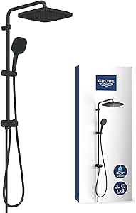 GROHE Vitalio Comfort Colonne de Douche avec Inverseur Manuel, Douche de Tête Carrée 25cm 2 jets (Pluie/SmartRain), Douchette Carrée 11cm 2 jets (Pluie/Stimulant), Economie d'Eau, Noir Mat, 266982431