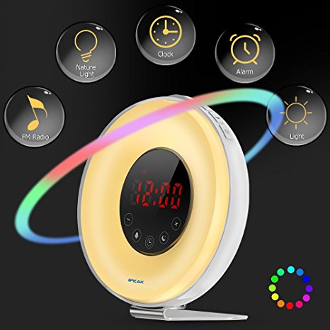 Alarm Clock Radio, IPEAK Newest Generation Wake Up Light Sunrise Simulation Alarm Clock, Nature Night Light With 7 Colors, Nature Sounds, FM Radio, Touch Control with USB Charger