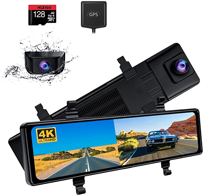 NexiGo D90 4K Mirror Dash Cam with Dual Sony Sensors, 12 Inch IPS Full Touch Split Screen, Super Night Vision, G-Sensor & Emergency Recording, GPS Tracking, Parking Monitor/Assistance