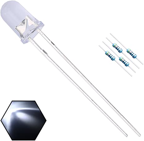 EDGELEC 100pcs 5mm White Lights LED Diodes Clear Round Lens 29mm Long Lead (DC 3V)  100pcs Resistors (for DC 6-12V) Included, Bright Bulb Lamps Light Emitting Diode