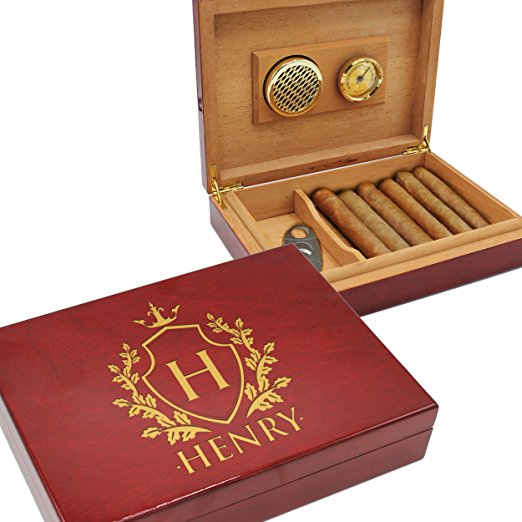 Custom Engraved Cigar Humidor and Hygrometer Gift Box - Premium Rosewood Piano Finish - Personalized and Monogrammed for Free