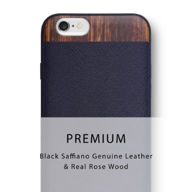 iATO Vesco Slim Leather and Wooden Case for Apple iPhone 6 / 6S - Black Saffiano & Rose Wood