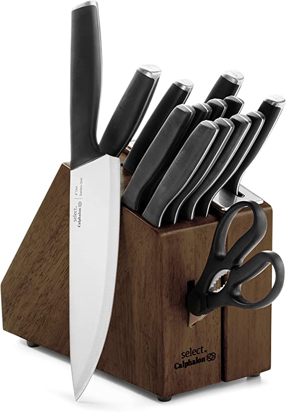 Select by Calphalon™ Self-Sharpening Knife Set with Block, Cutlery Set, 15-Piece, with SharpIN™ Self-Sharpening Knife Block, Dark Wood